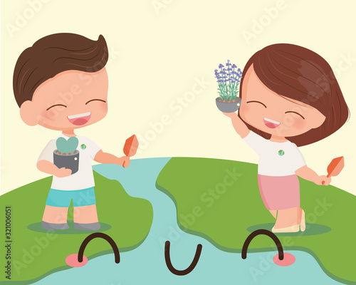 happy young couple plant a tree for Mother earth day flat style eps10 vectors illustration