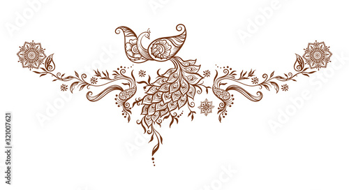 Eastern ethnic style compositions, mehendi, traditional indian henna floral ornament with peacock. Element for design. Vector illustration.