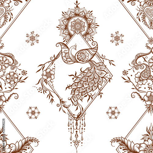 Eastern ethnic style compositions, mehendi, traditional indian henna floral ornament with peacock. Seamless pattern, background. Vector illustration..