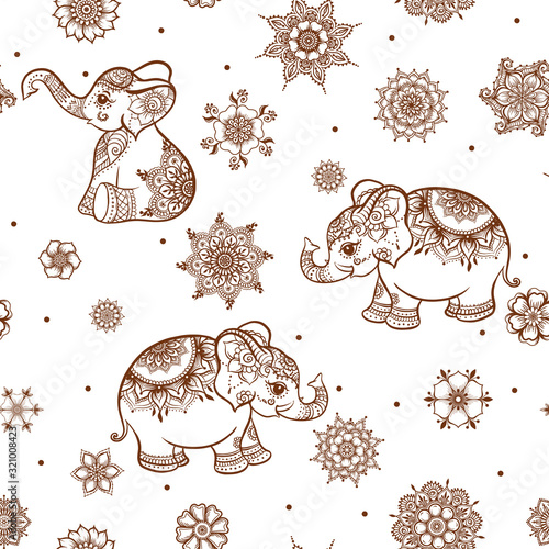 Elephant in eastern ethnic style, traditional indian henna ornament. Seamless pattern, background. Vector illustration..