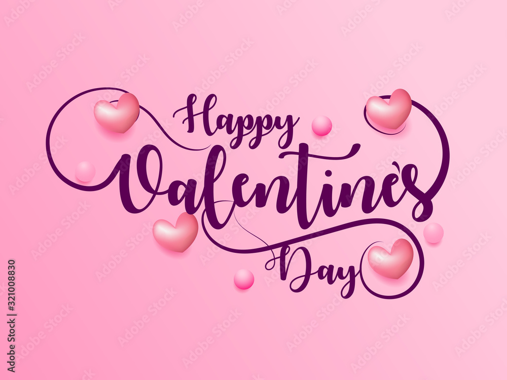 Happy Valentines Day hand drawn typography design with pink hearts on beautiful pink and white gradient background.
