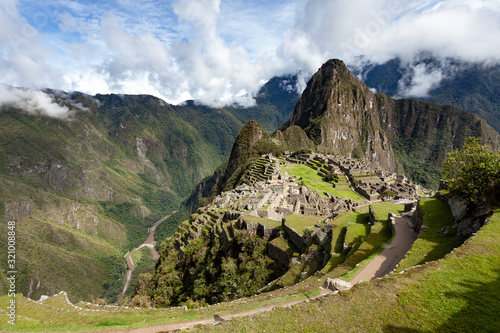View of Machu Picchu, in the foreground of the terrace, Peru.