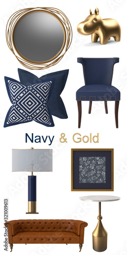 Interior Mocap. Decor items: mirror, sofa, lamp, painting, pillows, table, figurine, chair. Navy and Gold color on white background. 3d rendering.