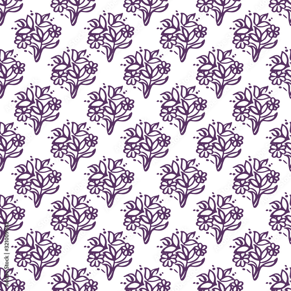 Seamless pattern with hand drawn violet flowers on white background Seamless pattern with hand drawn violet flowers on white background