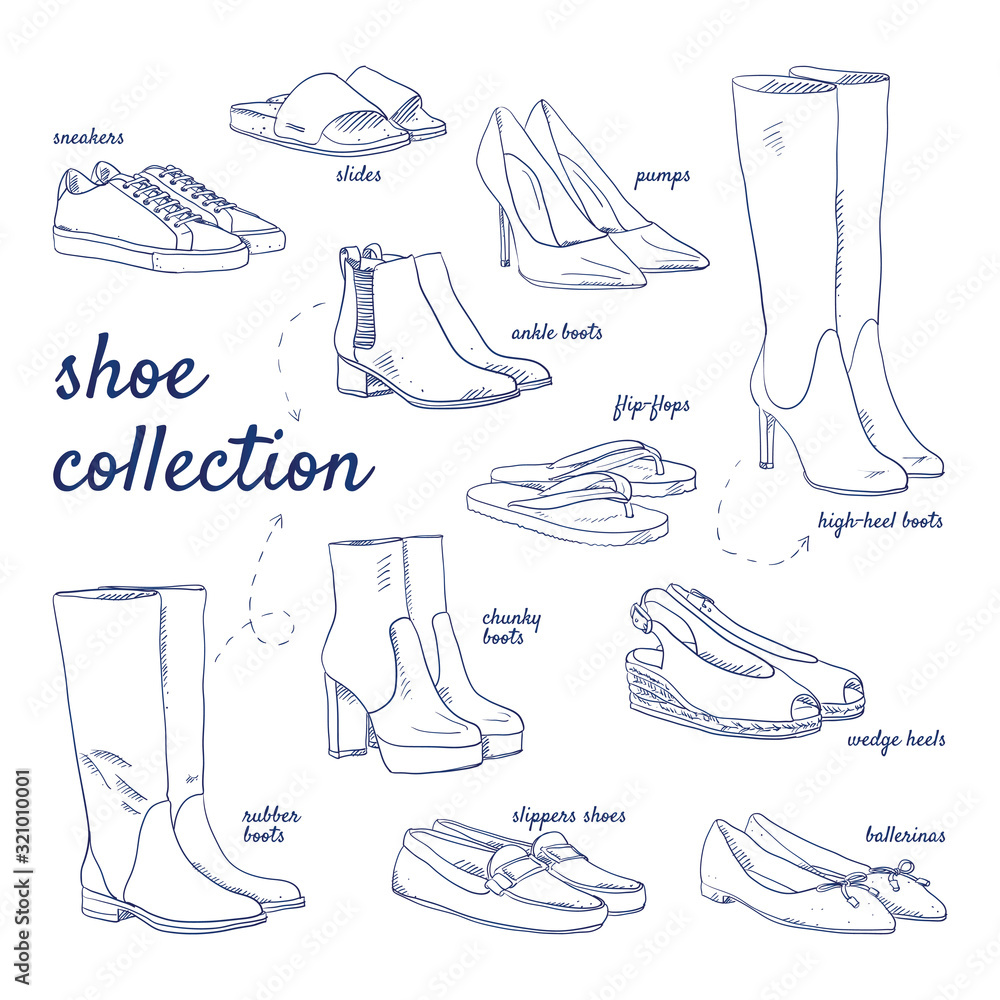 Doodle set of Shoe Collection – sneakers, slides, ankle boots, pumps,  flip-flops, high-heel, rubber, chunky boots, slippers, ballerinas, wedge  heels, hand-drawn. Vector sketch illustration isolated. Stock Vector |  Adobe Stock