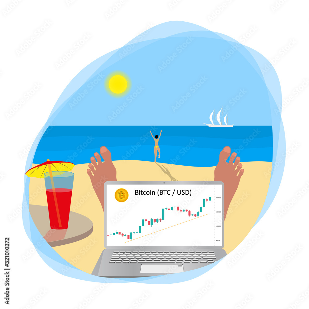 A trader is relaxing on the beach and watching the rise in the price of bitcoin on a graph on a laptop screen. Cocktail with an umbrella on the table. The girl runs to swim in the sea. Vector EPS 10. A trader is relaxing on the beach and watching the rise in the price of bitcoin on a graph on a laptop screen. Cocktail with an umbrella on the table. The girl runs to swim in the sea. Vector EPS 10.