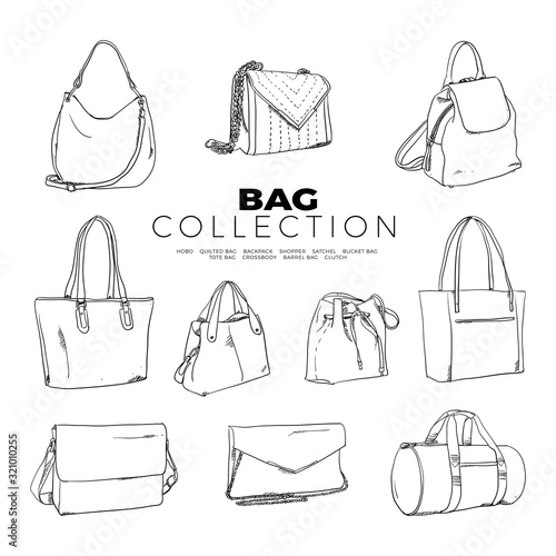 Doodle set of Bag Collection – Hobo, Quilted Bag, Backpack, Shopper, Satchel, Bucket Bag Tote Bag, Crossbody, Barrel Bag, Clutch, hand-drawn. Vector sketch illustration isolated over white background