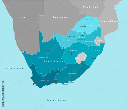 Vector modern illustration. Simplified geographical  map of Republic of South Africa and borders with neighboring countries. Indian Ocean. Names of cities and provinces of South Africa.