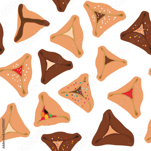 Purim seamless pattern with traditional pastry. jewish holiday