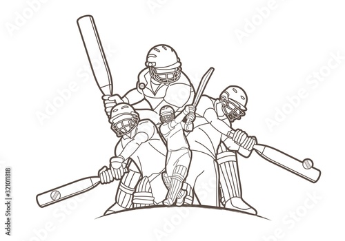 Group of Cricket players action cartoon sport graphic vector.