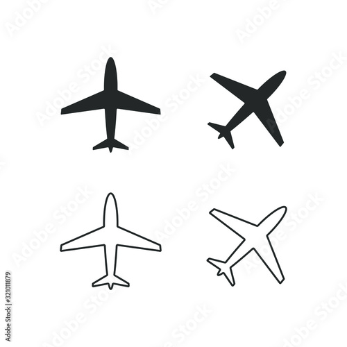 Airplane symbol set. Airport sign. Aviation icon. Simple flat shape logo. Black and outline silhouette isolated on white background. Vector illustration image.