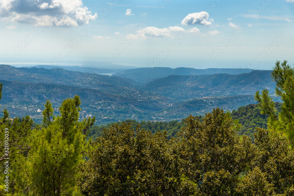 View from Olymbos, the highest peak of the island of Cyprus. Troodos mountains