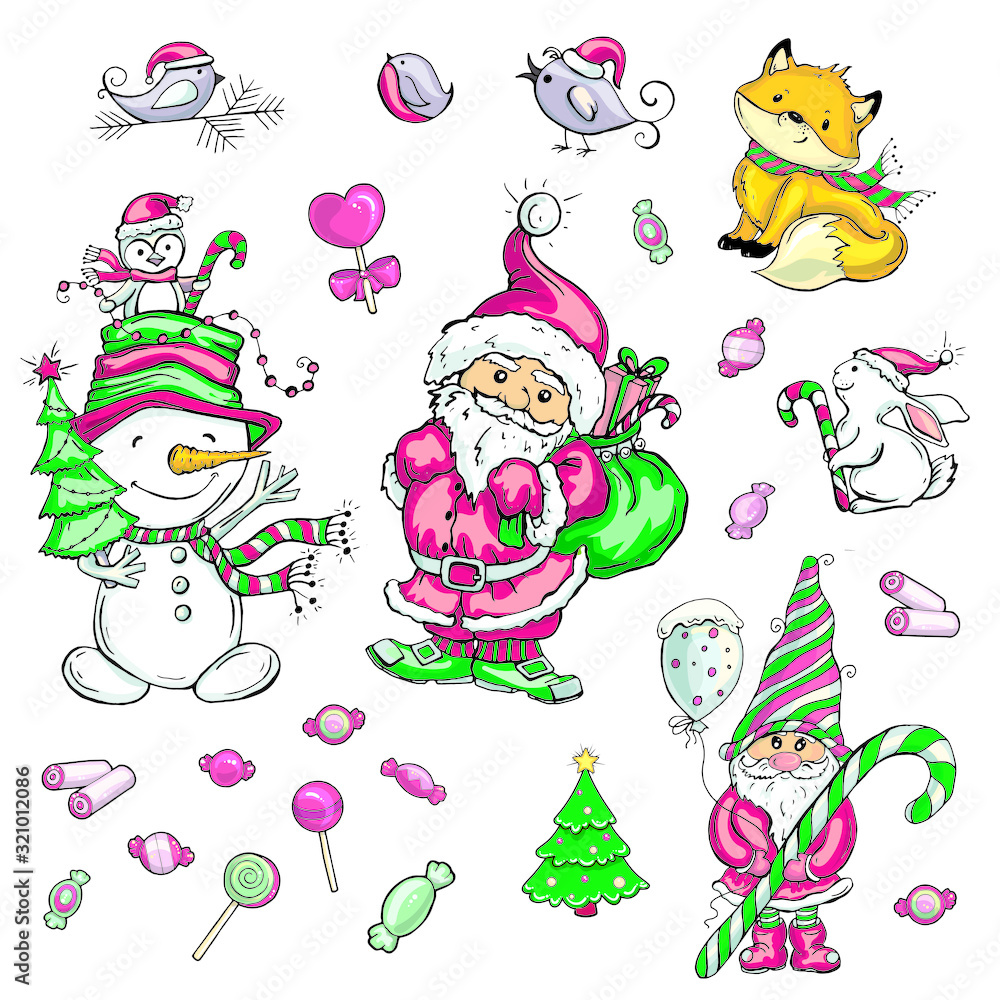 Fototapeta premium Christmas and New Year set on a white background. Vector illustration