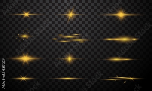 Golden light effect set isolated on dark transparent background. Bright gold lens flare, explosion, glitter, line, sun flash, spark and stars.