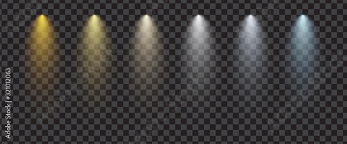 Transparent realistic spotlight set. Stage lighting effect.