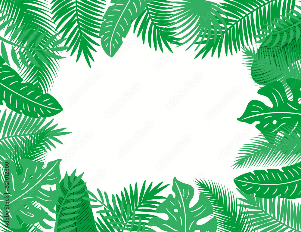 Hand drawn vector illustration with exotic tropical palm leaves frame on white background, with place for text. Flat style design. Concept for carnival, poster, flyer, banner.