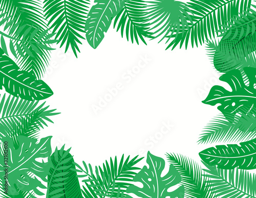 Hand drawn vector illustration with exotic tropical palm leaves frame on white background, with place for text. Flat style design. Concept for carnival, poster, flyer, banner.