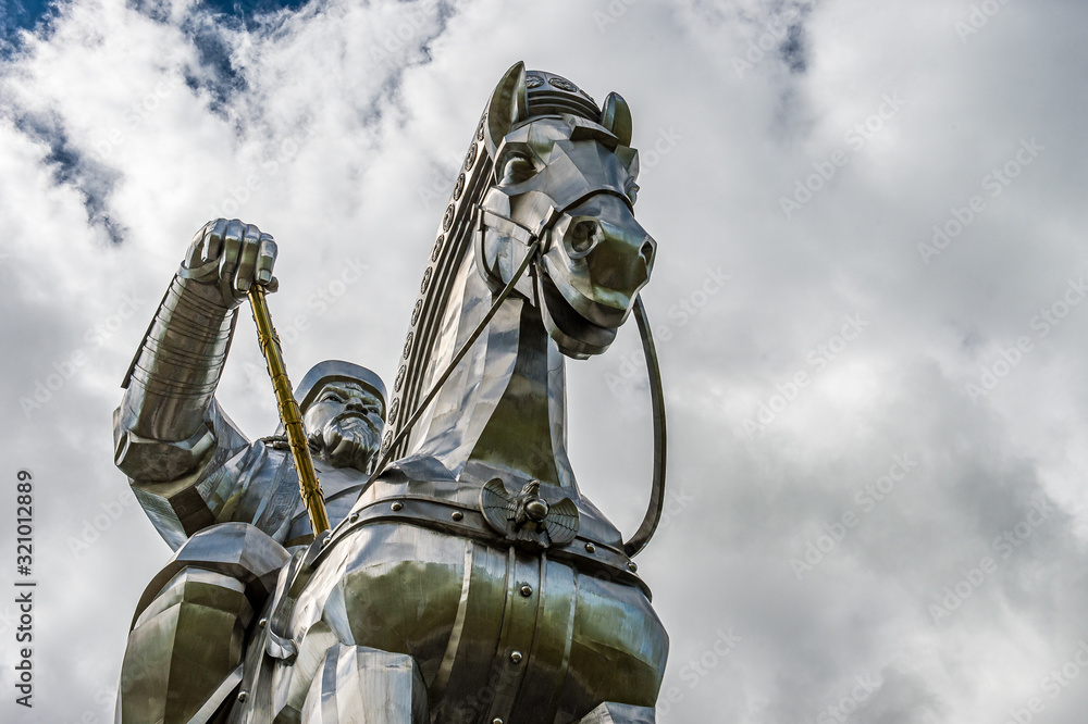 The Genghis Khan Equestrian Statue, is a 131-foot (40 m) tall statue of Genghis Khan on horseback, on the bank of the Tuul River at Tsonjin Boldog 54 km east of the Mongolian capital Ulaanbaatar. The Genghis Khan Equestrian Statue, is a 131-foot (40 m) tall statue of Genghis Khan on horseback, on the bank of the Tuul River at Tsonjin Boldog 54 km east of the Mongolian capital Ulaanbaatar.