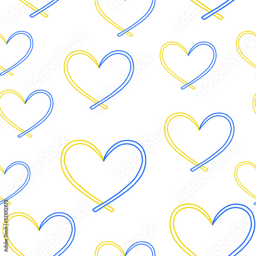 Yellow and blue ribbon, symbol of World Down Syndrome Day. The ribbon is like a heart, seamless pattern. March 21th. Vector illustration of World Down Syndrome Day.