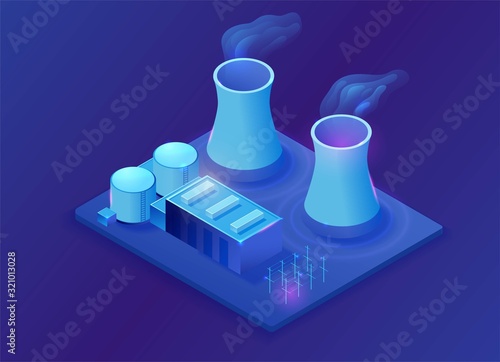 Nuclear power plant isometric 3d illustration, neon blue electric station building, energy factory