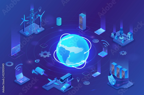 Internet of things infographic illustration, neon blue isometric 3d concept with smart technology, globe glowing icon, computer network with night glowing background
