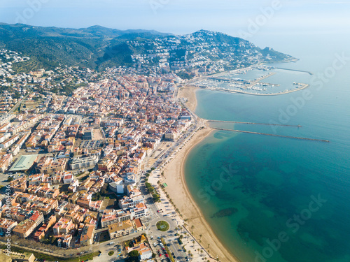 View from drone of Roses with yachts, Catalonia, Spain