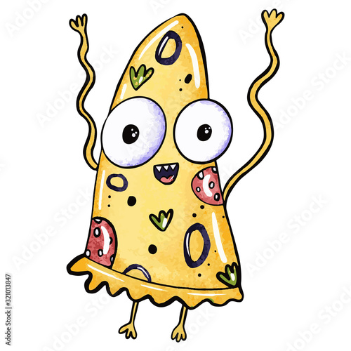 Cute monster slice of pizza on an isolated white background. Fast food with eyes, junk food. Design for poster, print, kids menu. Digital hand drawn illustration. Stock vector illustration.