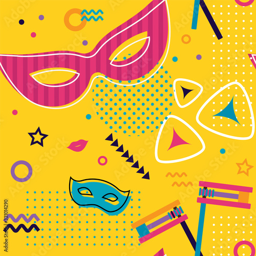 Purim carnival seamless pattern. Vector background with Jewish symbols, masks and costumes. pattern for party invitation, greeting card or banner