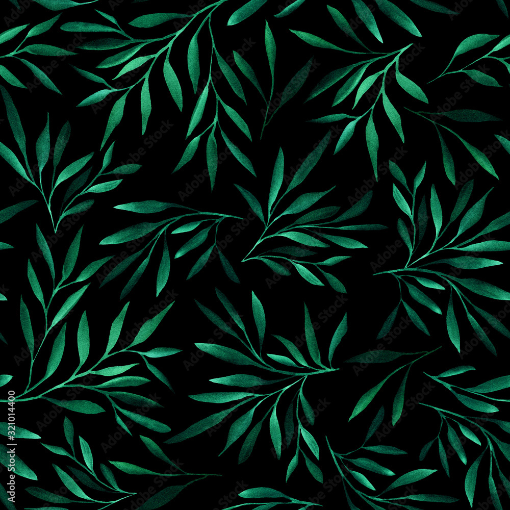 Hand drawn watercolor botany seamless pattern. Leaves in light green color. Luxury design for fabric, bed linen, textile, pillow, wrapping, wallpaper, background Hand drawn watercolor botany seamless pattern. Leaves in light green color. Luxury design for fabric, bed linen, textile, pillow, wrapping, wallpaper, background