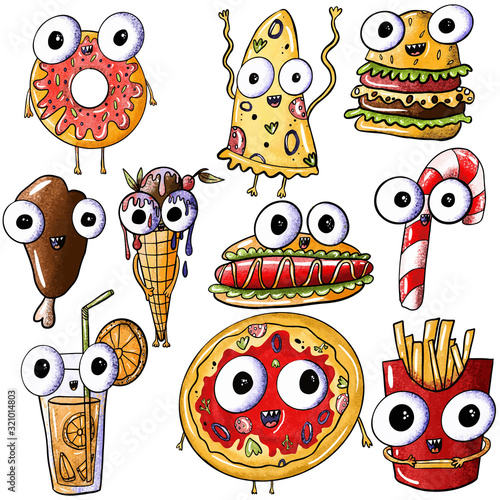 Set of cute monster legs, pizza, donut, juice, burger, great dane, lollipop, ice cream, french fries on an isolated white background. Fast food with eyes, junk food. For poster, print, kids menu