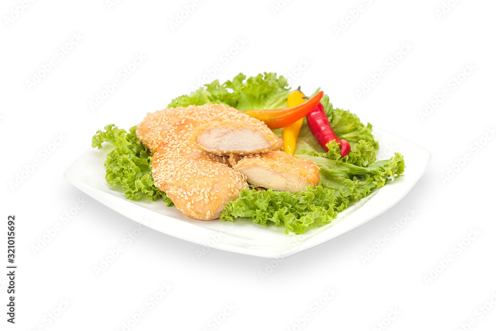 Delicious Crispy Chicken Fillet in batter with chilly pepper and lettuce Delicious Crispy Chicken Fillet in batter with chilly pepper and lettuce