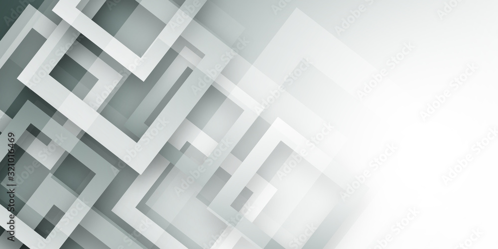 Minimal light grey glossy squares. Abstract technology banner design. White geometric background