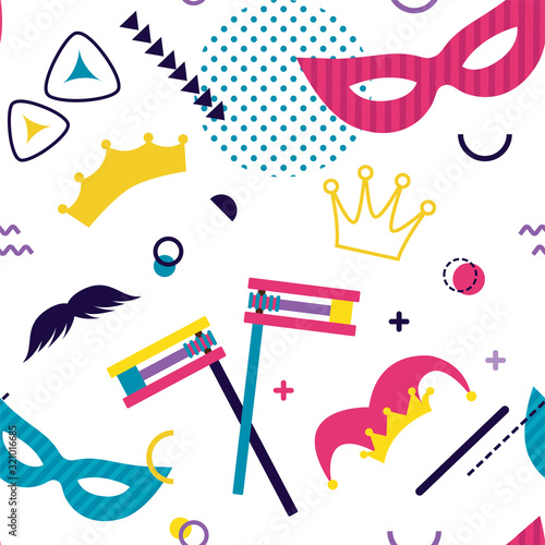 Purim carnival seamless pattern. Vector background with Jewish symbols, masks and costumes. pattern for party invitation, greeting card or banner