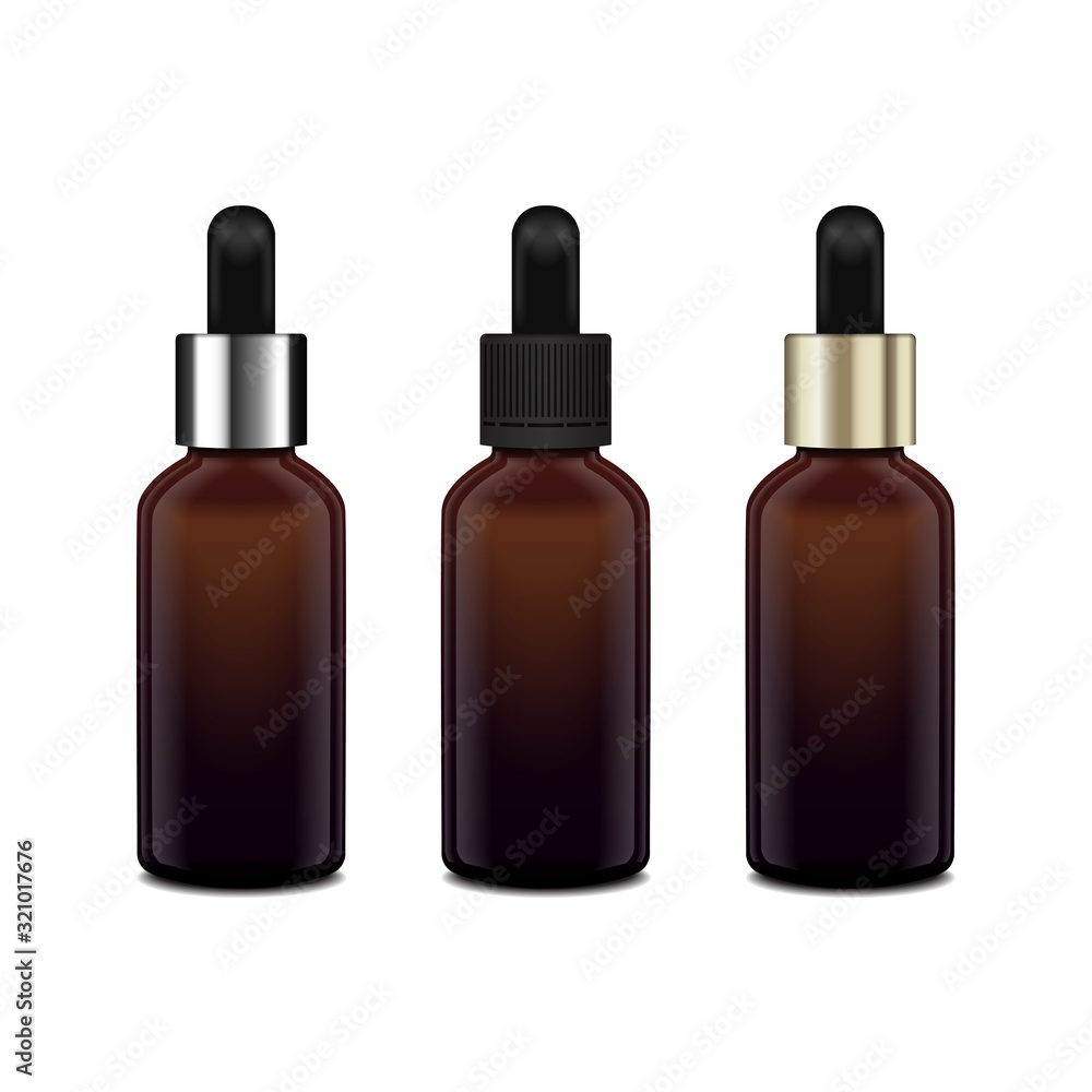 Brown glass bottles for essential oil. Diferent caps. Mock up cosmetic bottle or medical bottle, flask, bottle 3d illustration