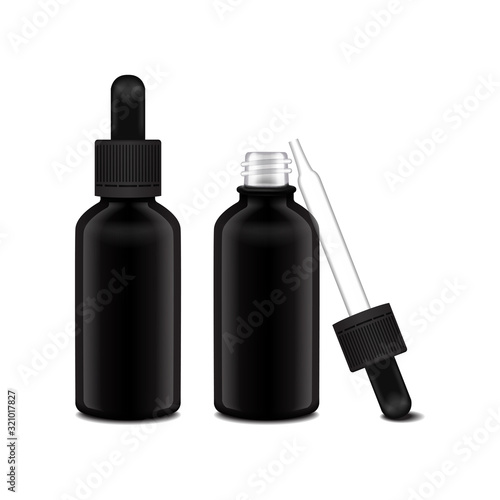 Set of black closed and open bottle with dropper cap for essential oil. Mock up bottle cosmetic or medical vial, flask, flacon 3d illustration