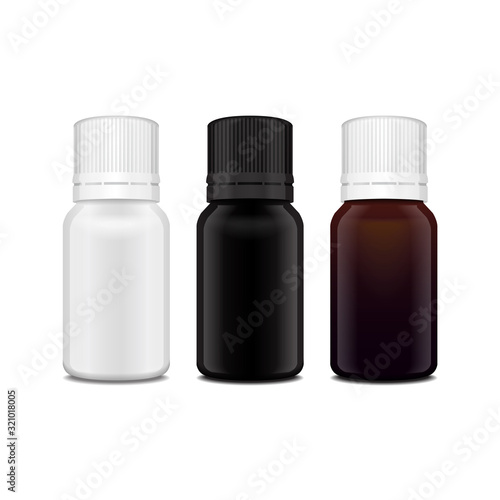 Set of realistic essential oil white, brown, black glass bottle. Mock up bottle cosmetic or medical vial, flask, flacon 3d illustration