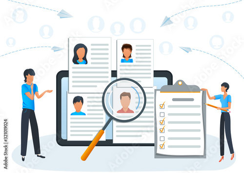 Concept online recruitment, employment service. HR agency. Employees hiring. Headhunting company. Human resources management. Job interview, employment process, choosing a candidate to hire