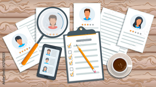 Concept of recruitment process. Job search. Human resources management. Employment service. Recruitment agency searching candidate for hiring. Mobile app with list of job applicants