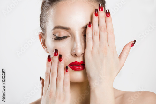 Obraz na plátně Red and black gradient nails and lips combination set