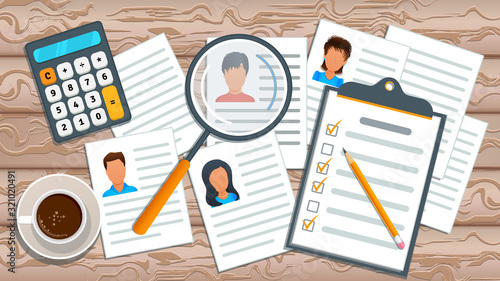 Concept of recruitment service. Human resources management. Job search. Employment process. Recruitment agency searching cv and profile of employee candidate for hiring. Business recruiting.