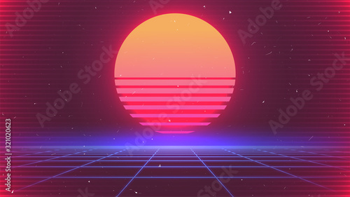 80s Sun Background. Retro Future Sunset Banner. Big Neon Sun. Synthwave Backdrop. Retrowave Style. Party flyer, poster, print template. 80s Sci-fi Vector Illustration photo