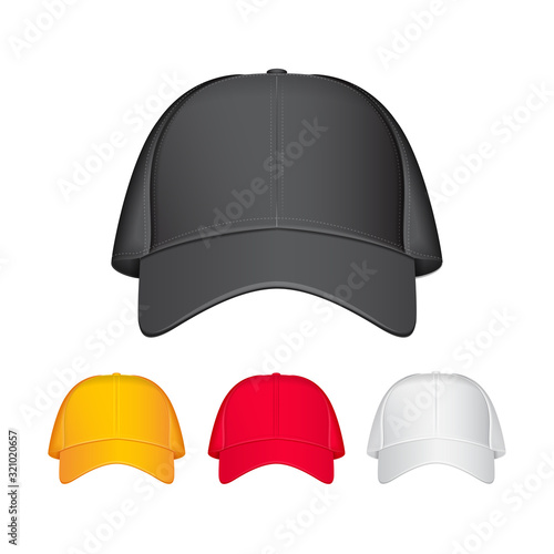Baseball cap. Front view. Vector realistic illustration. Different colours