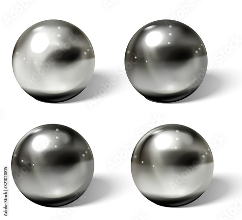 Realistic metal balls. Steel, chrome 3D spheres.