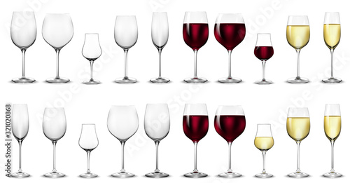 Full and empty glasses for white and red wine.