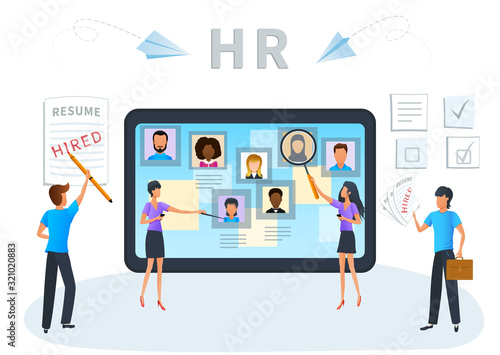 Flat design concept of recruitment service for website and mobile app. Human resources management. Business recruiting, recruitment agency, HR job presentation. Employees hiring.  Apply for jobs.