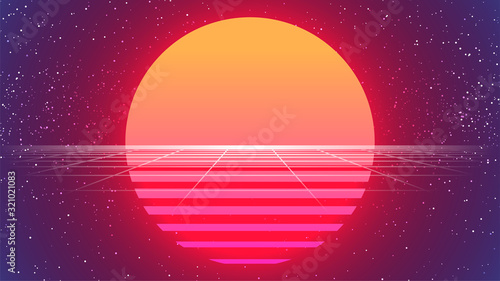 80s Sun Background. Retro Future Sunset Banner. Big Neon Sun. Synthwave Backdrop. Retrowave Style. Party flyer, poster, print template. 80s Sci-fi Vector Illustration photo