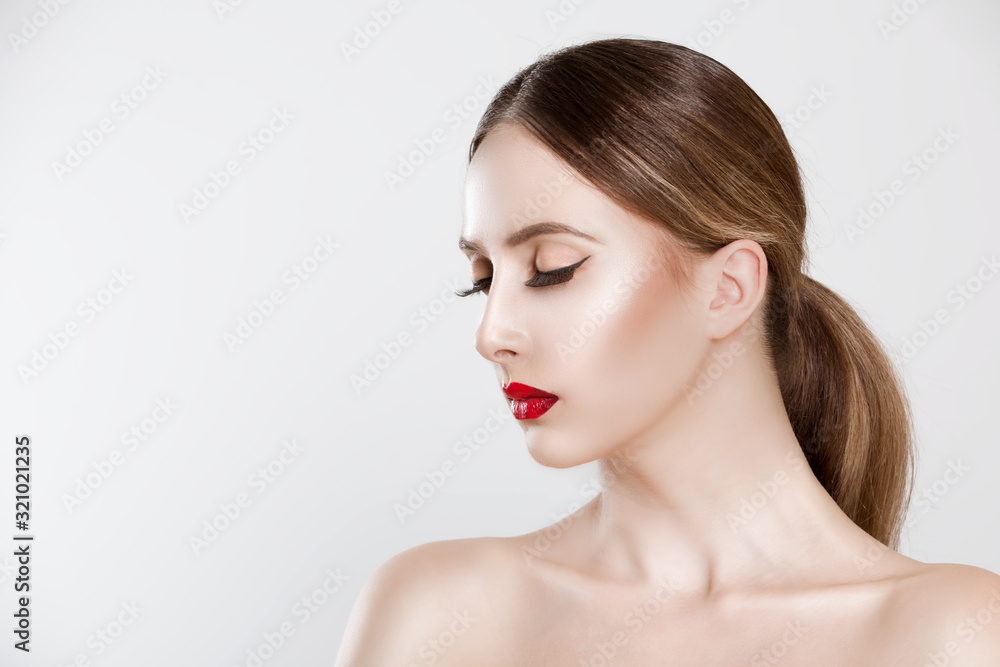 Beautiful. Beauty sexy gorgeous face model red gradient black lips. Portrait close up side profile serious young eyes closed woman isolated white background wall. Neutral facial expression attitude Beautiful. Beauty sexy gorgeous face model red gradient black lips. Portrait close up side profile serious young eyes closed woman isolated white background wall. Neutral facial expression attitude