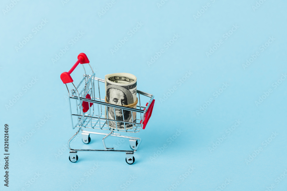 toy shopping trolley with dollar banknotes on blue, leasing concept