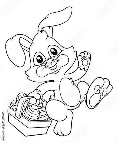 Easter bunny rabbit cartoon character holding a basket full of painted Easter eggs. In black and white outline