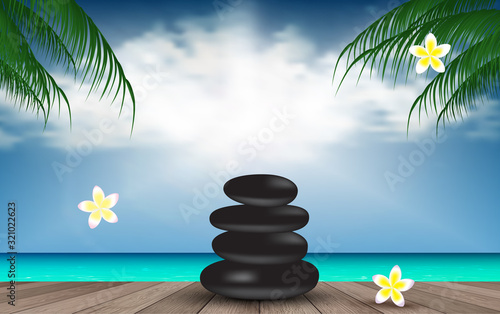 Photography black stone on the wooden floor at the beach